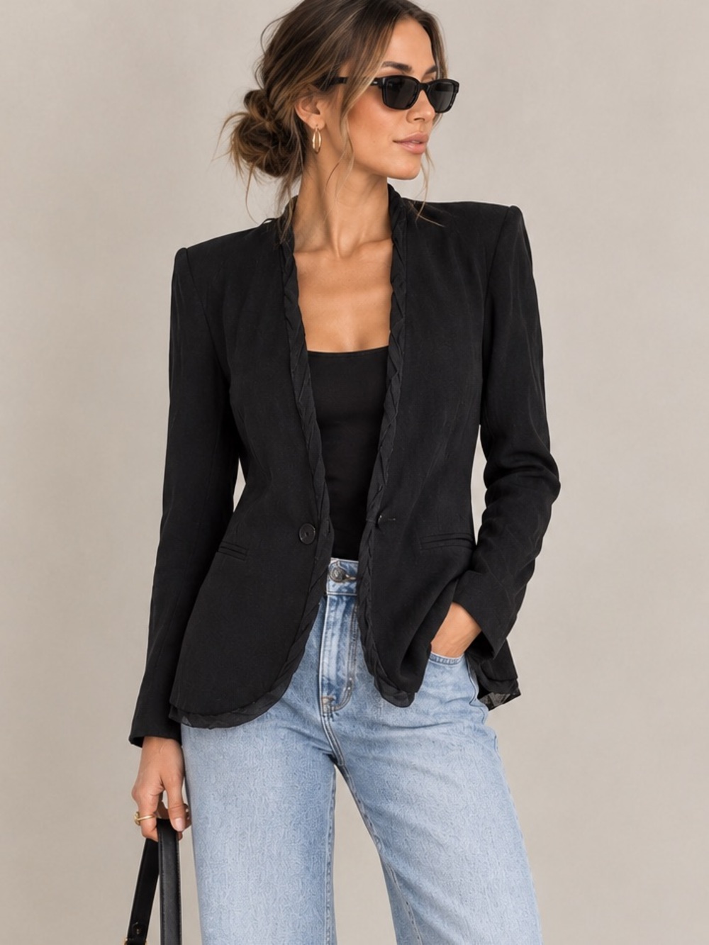 Helmut Lang Black Silk Blend Ruffle Open Front Tailored Designer Blazer size 2